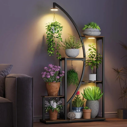 61-inch Tall Metal Plant Stand with Adjustable Shelves and Grow Lights