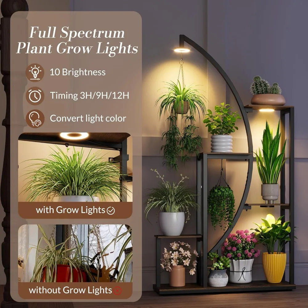 61-inch Tall Metal Plant Stand with Adjustable Shelves and Grow Lights
