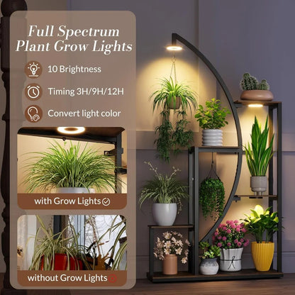 61-inch Tall Metal Plant Stand with Adjustable Shelves and Grow Lights