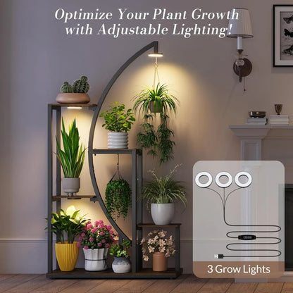 61-inch Tall Metal Plant Stand with Adjustable Shelves and Grow Lights