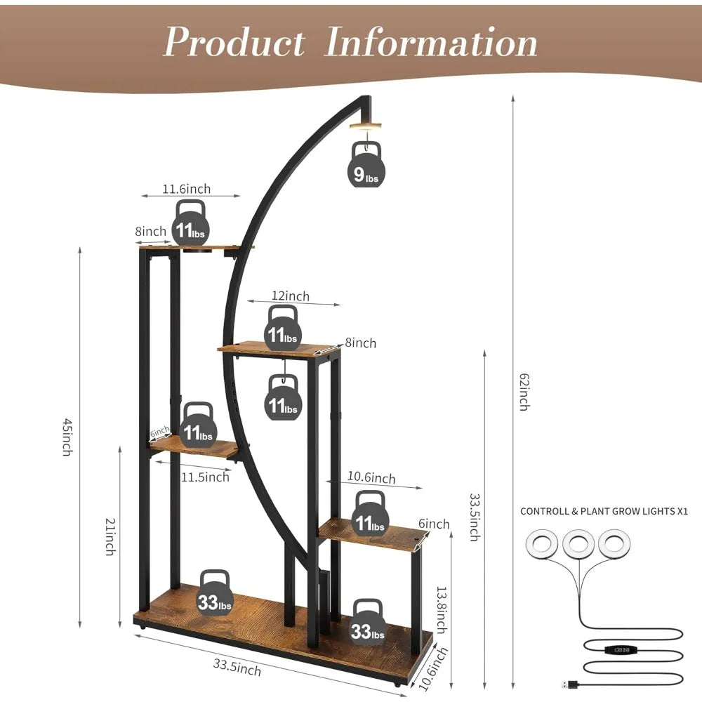 61-inch Tall Metal Plant Stand with Adjustable Shelves and Grow Lights